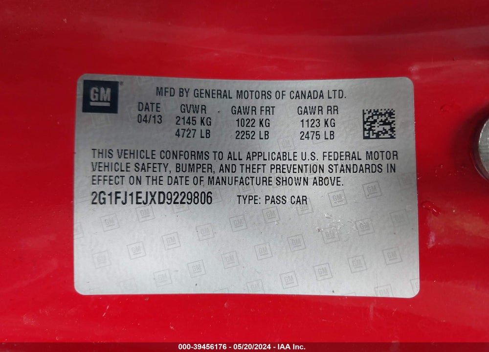 2013 CHEVROLET CAMARO 1SS VIN: 2G1FJ1EJXD9229806