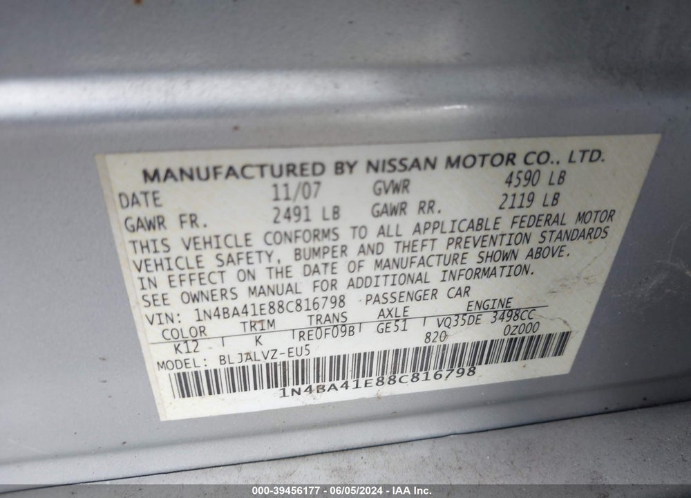 2008 NISSAN MAXIMA 3.5 SE VIN: 1N4BA41E88C816798