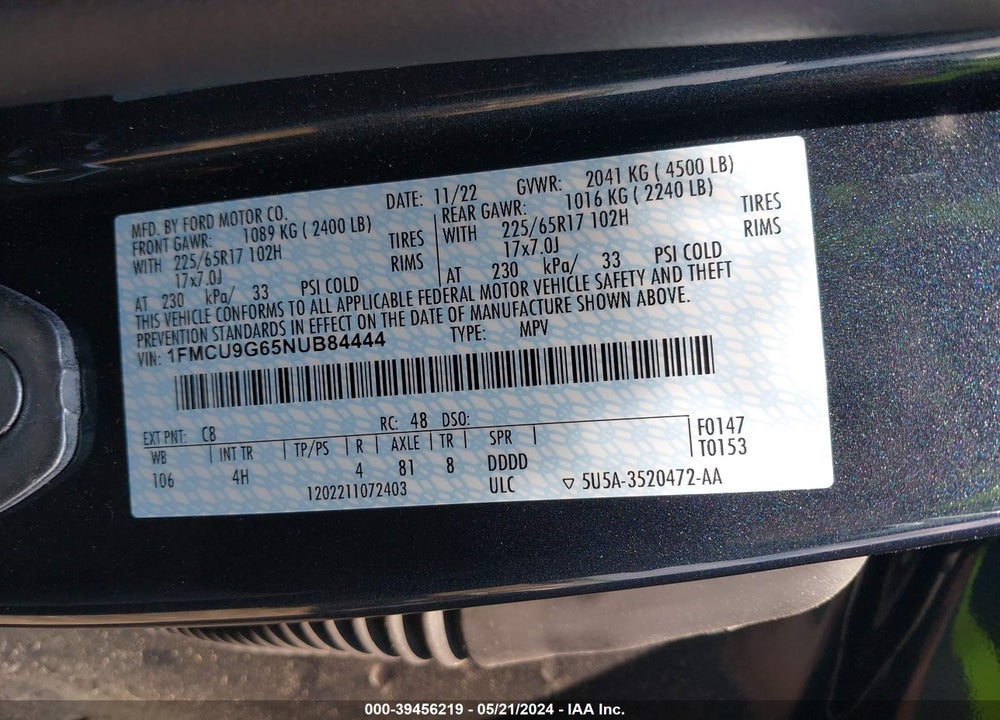 2022 FORD ESCAPE SE VIN: 1FMCU9G65NUB84444