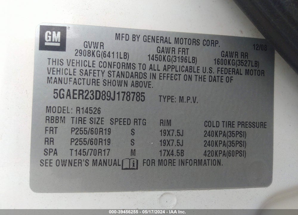 2009 BUICK ENCLAVE CXL VIN: 5GAER23D89J178785