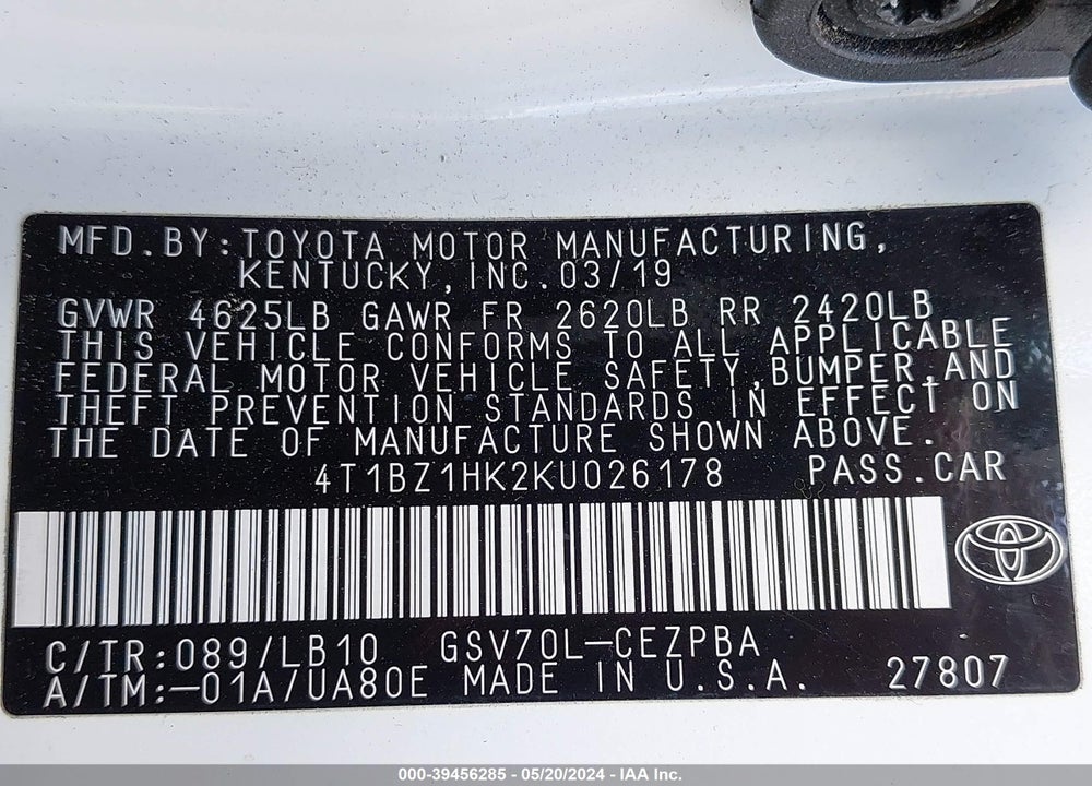 2019 TOYOTA CAMRY XSE V6 VIN: 4T1BZ1HK2KU026178