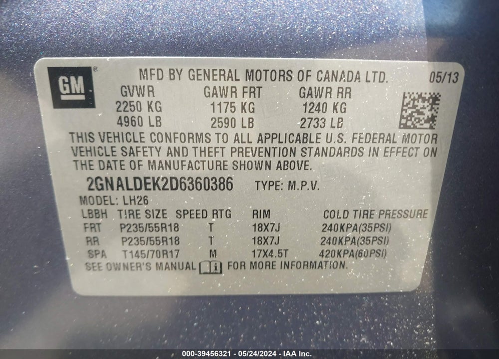 2013 CHEVROLET EQUINOX 1LT VIN: 2GNALDEK2D6360386