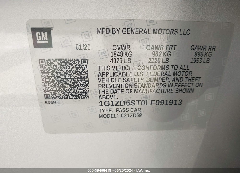 2020 CHEVROLET MALIBU FWD LT VIN: 1G1ZD5ST0LF091913