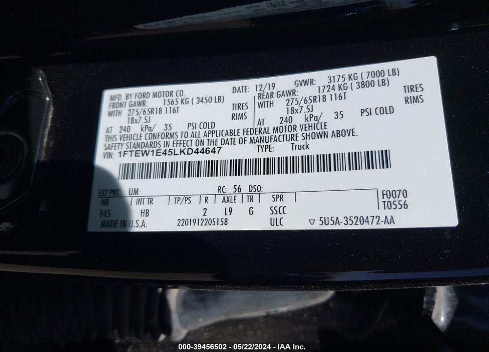 2020 FORD F-150 LARIAT VIN: 1FTEW1E45LKD44647