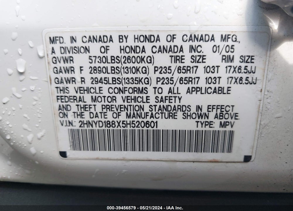 2005 ACURA MDX VIN: 2HNYD188X5H520601