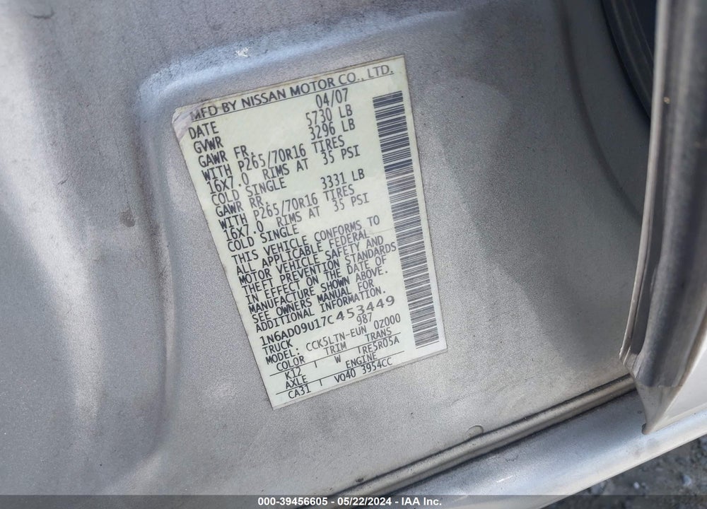 2007 NISSAN FRONTIER VIN: 1N6AD09U17C453449