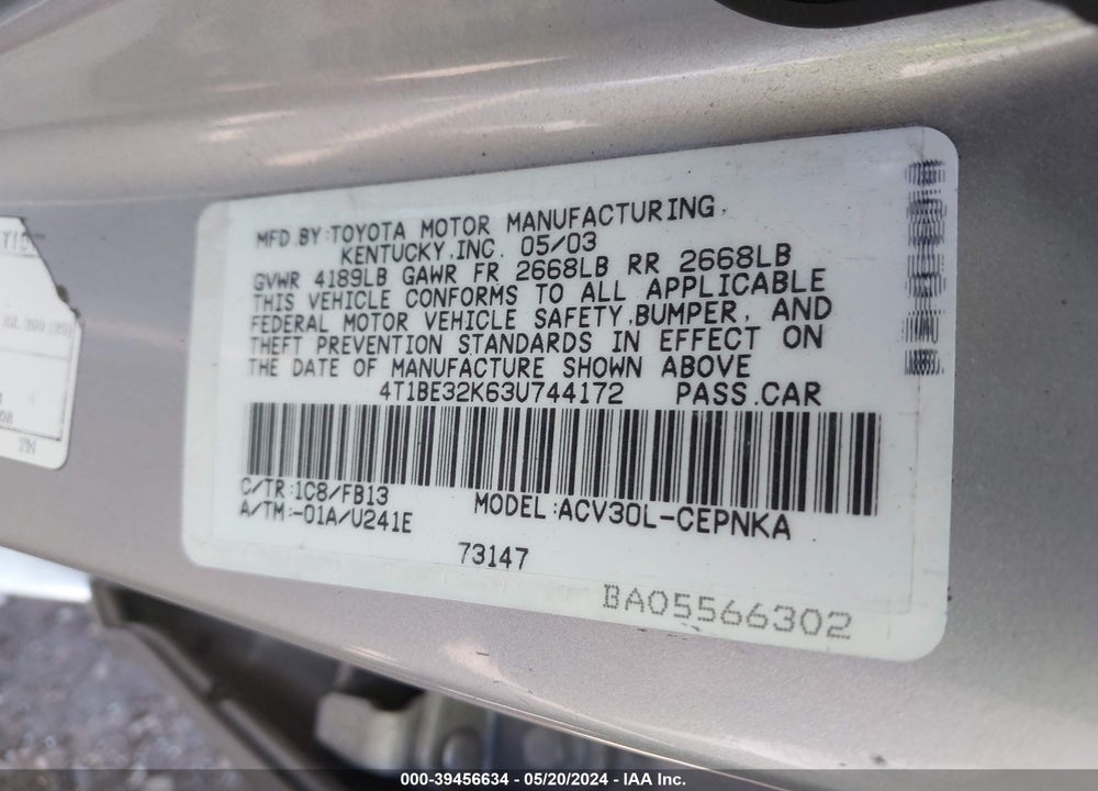 2003 TOYOTA CAMRY LE VIN: 4T1BE32K63U744172
