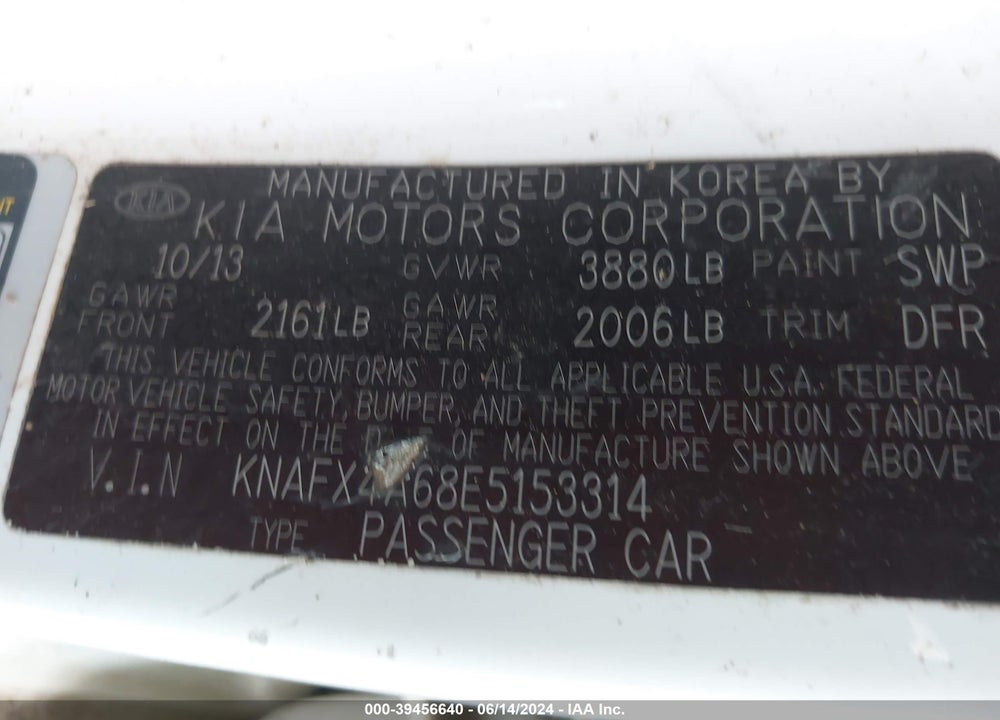 2014 KIA FORTE LX VIN: KNAFX4A68E5153314