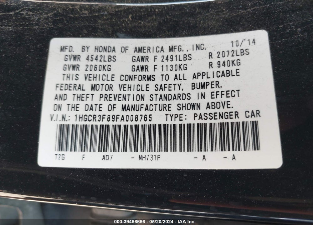 2015 HONDA ACCORD EX-L V-6 VIN: 1HGCR3F89FA008765