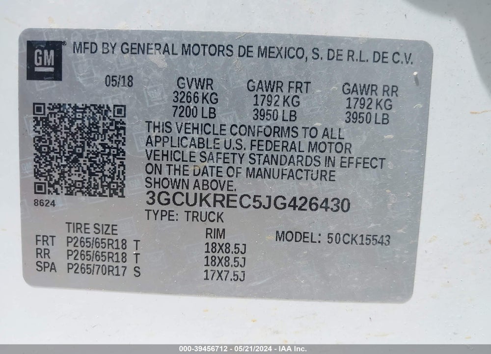 2018 CHEVROLET SILVERADO 1500 2LT VIN: 3GCUKREC5JG426430