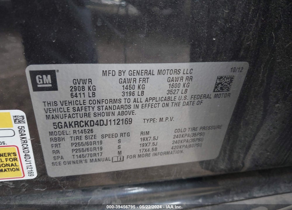 2013 BUICK ENCLAVE LEATHER VIN: 5GAKRCKD4DJ112169