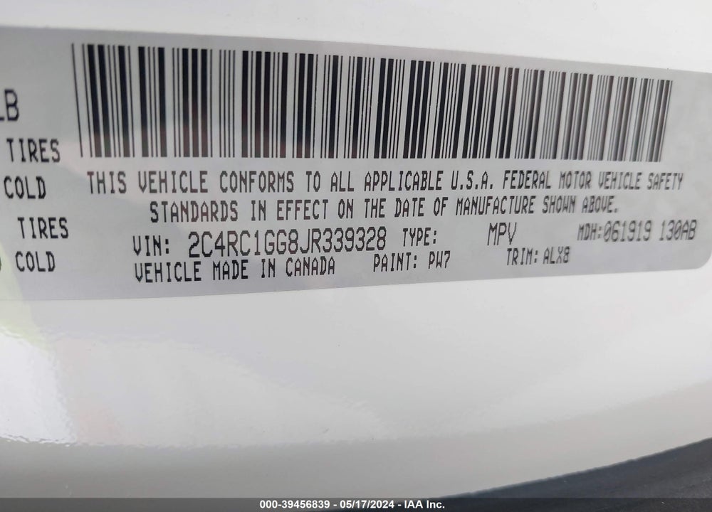 2018 CHRYSLER PACIFICA LIMITED VIN: 2C4RC1GG8JR339328