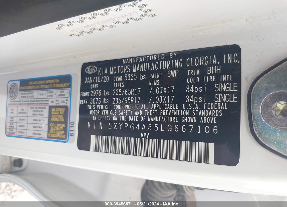 2020 KIA SORENTO VIN: 5XYPG4A35LG667106