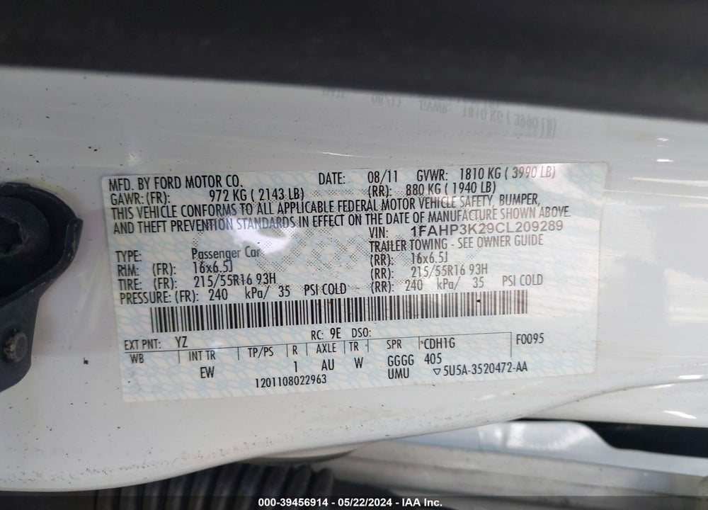 2012 FORD FOCUS SE VIN: 1FAHP3K29CL209289