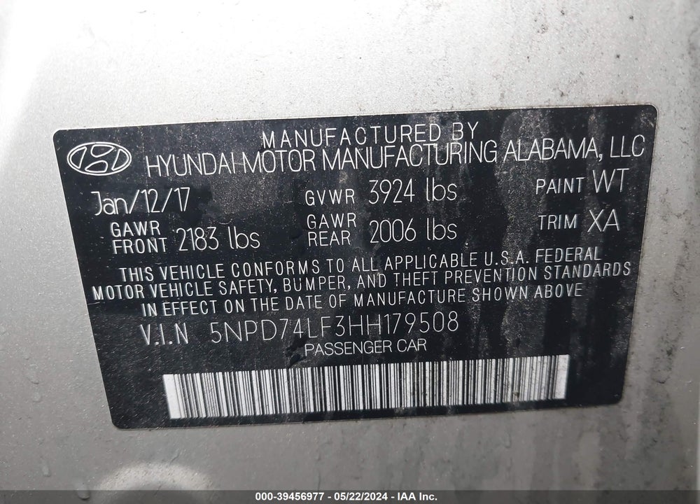 2017 HYUNDAI ELANTRA SE VIN: 5NPD74LF3HH179508