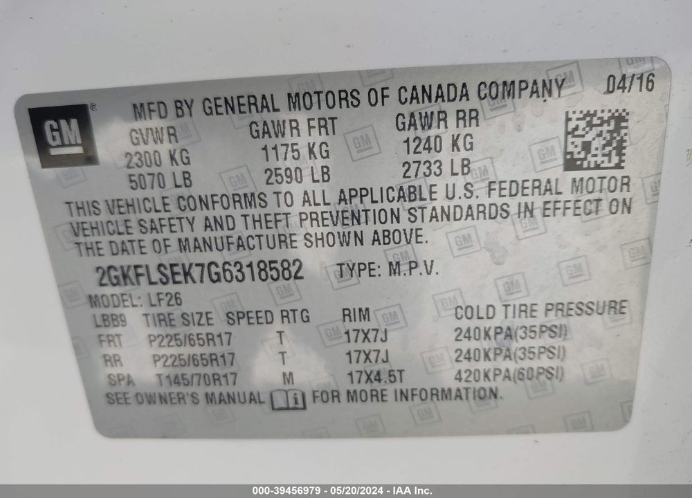 2016 GMC TERRAIN SLE-1 VIN: 2GKFLSEK7G6318582