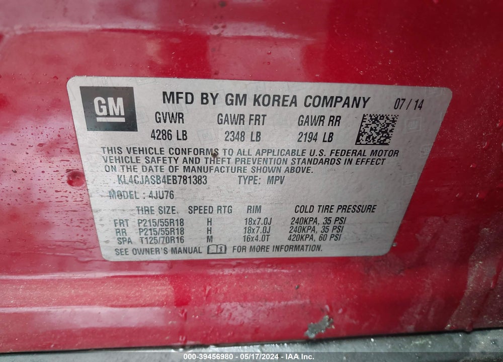 2014 BUICK ENCORE VIN: KL4CJASB4EB781383