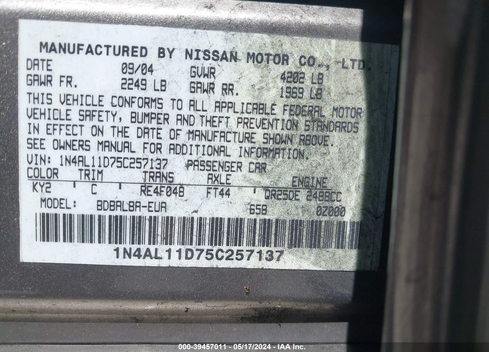 2005 NISSAN ALTIMA 2.5 S VIN: 1N4AL11D75C257137