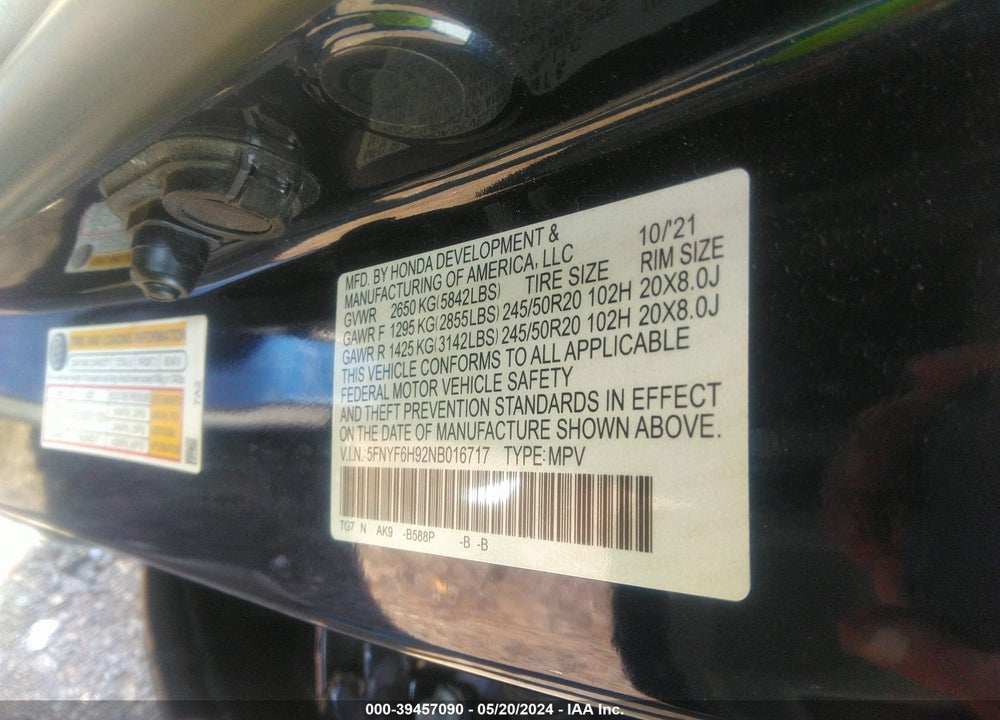 2022 HONDA PILOT AWD TOURING 8 PASSENGER VIN: 5FNYF6H92NB016717