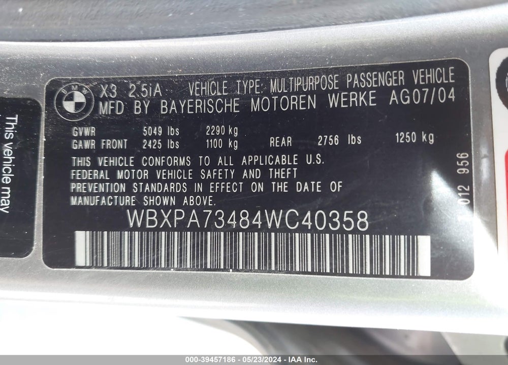 2004 BMW X3 2.5I VIN: WBXPA73484WC40358