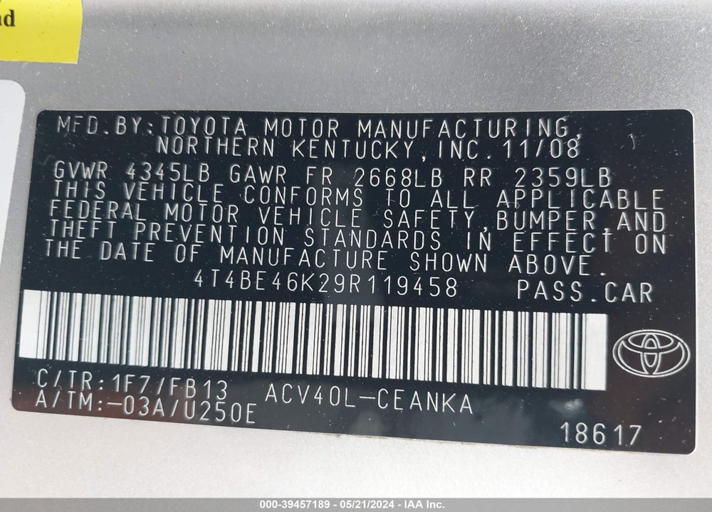 2009 TOYOTA CAMRY LE VIN: 4T4BE46K29R119458