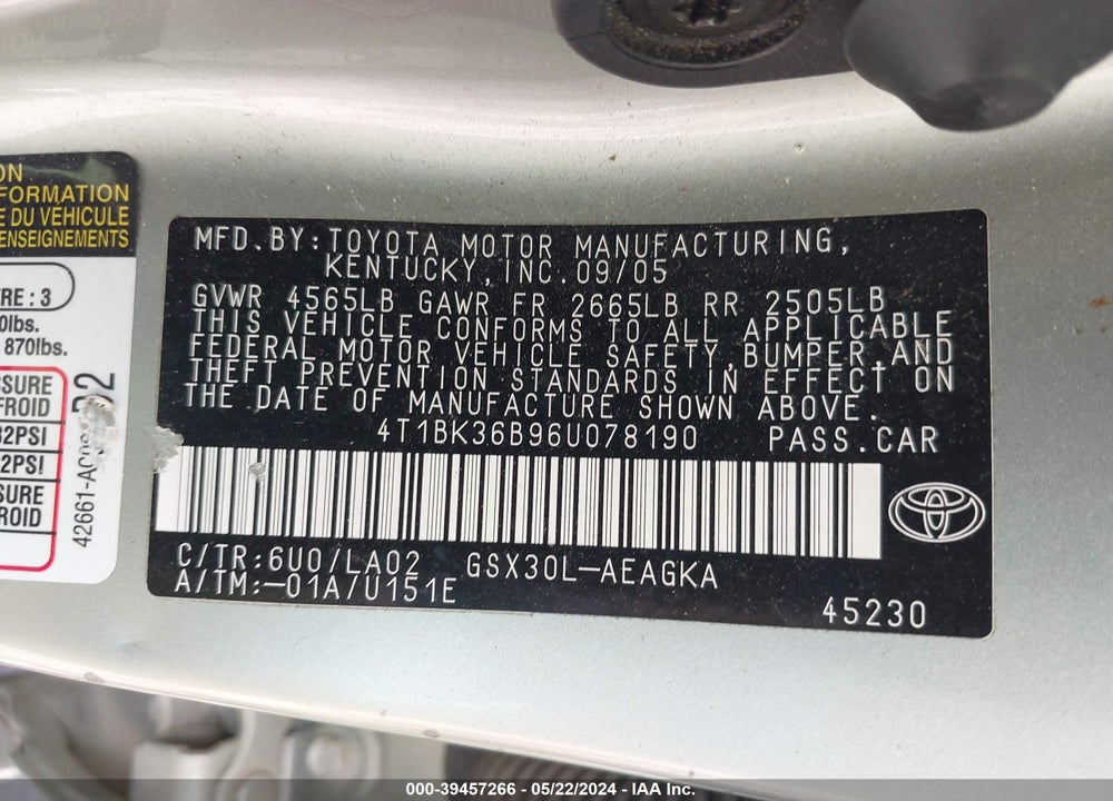 2006 TOYOTA AVALON XLS VIN: 4T1BK36B96U078190