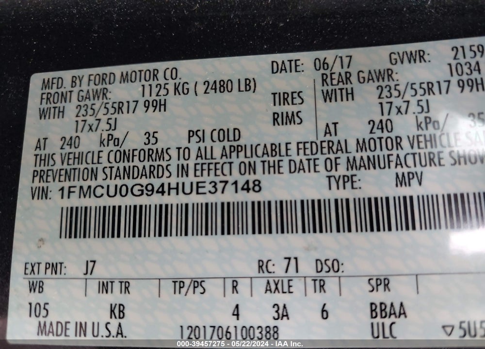 2017 FORD ESCAPE SE VIN: 1FMCU0G94HUE37148