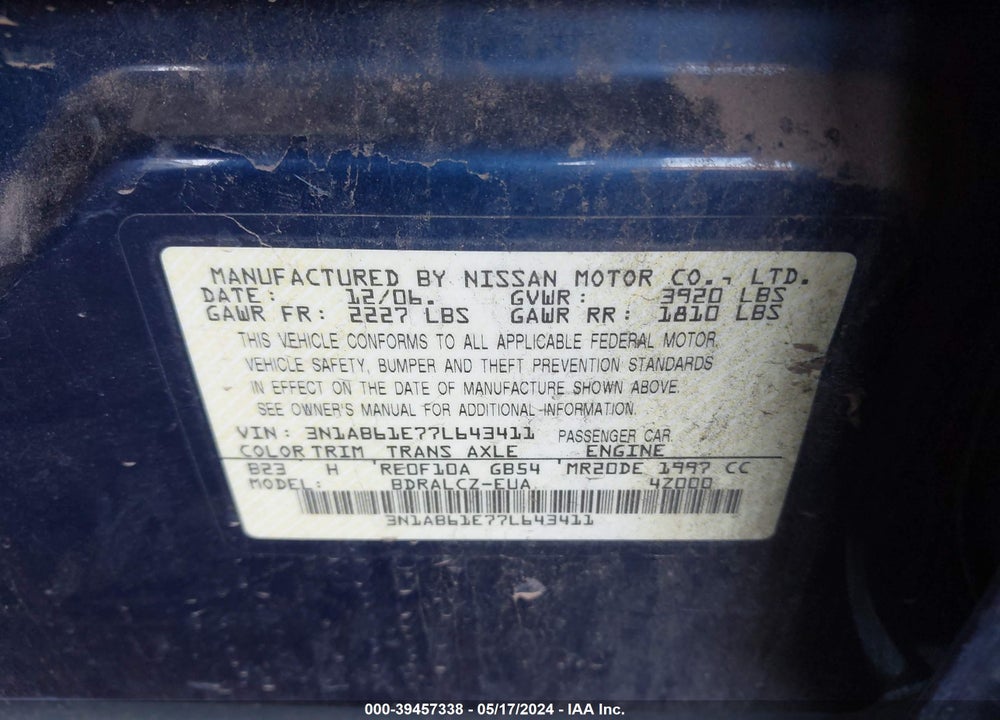 2007 NISSAN SENTRA 2.0 VIN: 3N1AB61E77L643411