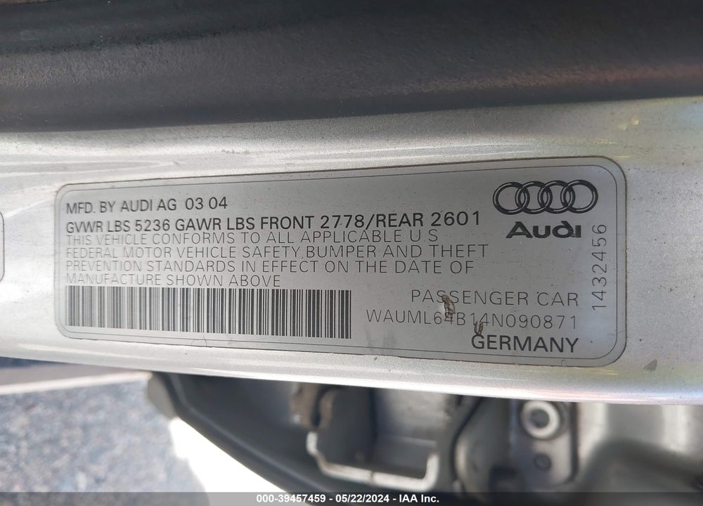 2004 AUDI A6 4.2 VIN: WAUML64B14N090871