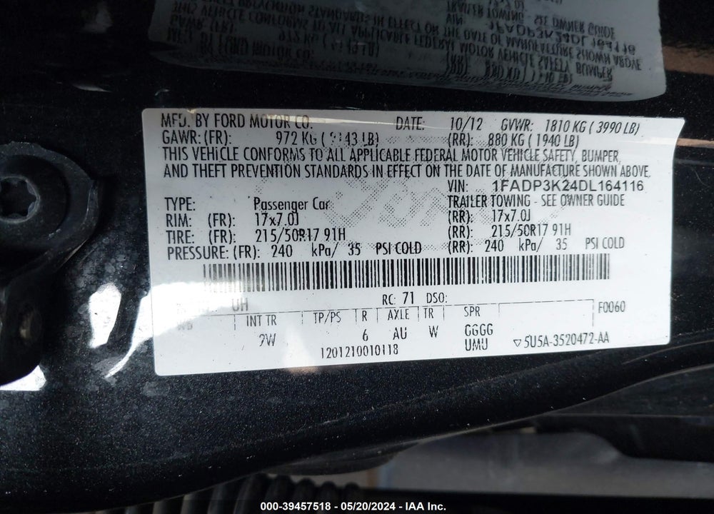 2013 FORD FOCUS SE VIN: 1FADP3K24DL164116