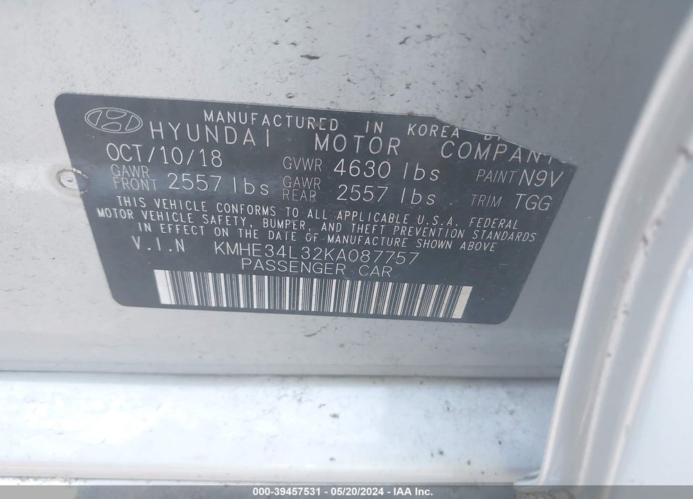 2019 HYUNDAI SONATA HYBRID LIMITED VIN: KMHE34L32KA087757