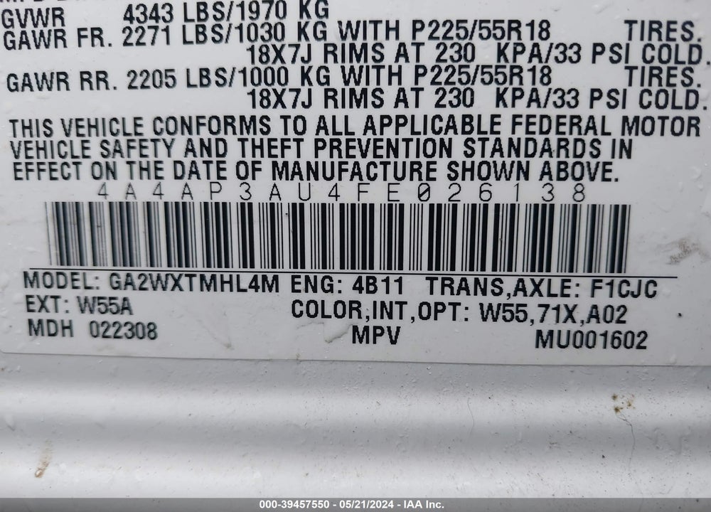 2015 MITSUBISHI OUTLANDER SPORT ES VIN: 4A4AP3AU4FE026138