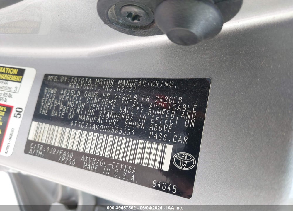 2022 TOYOTA CAMRY LE HYBRID VIN: 4T1C31AK0NU585331