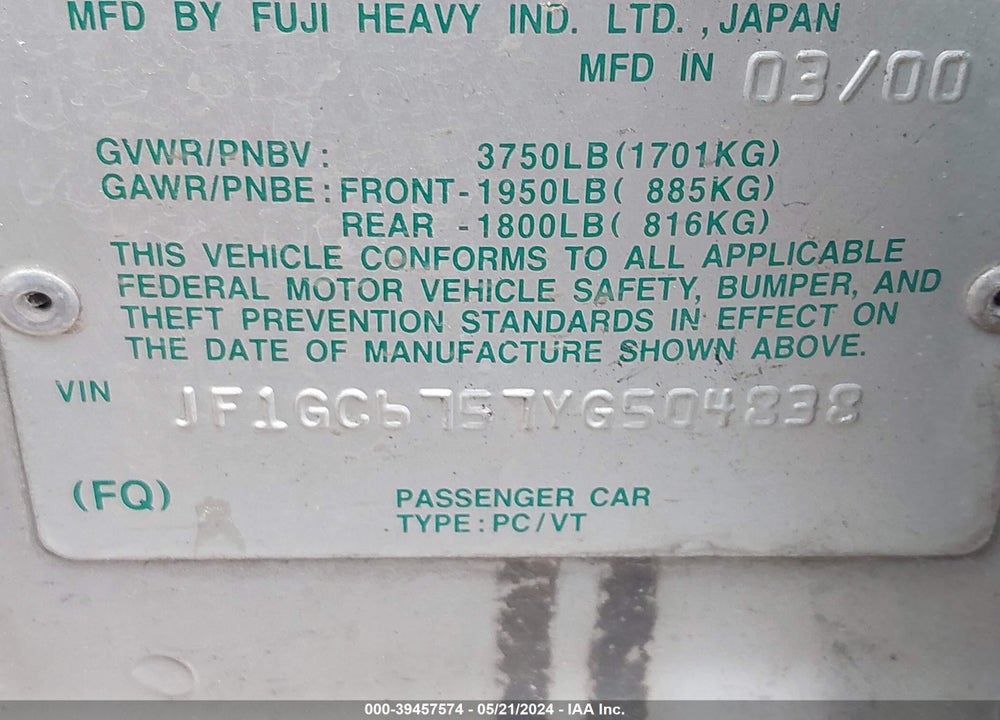 2000 SUBARU IMPREZA 2.5RS VIN: JF1GC6757YG504838