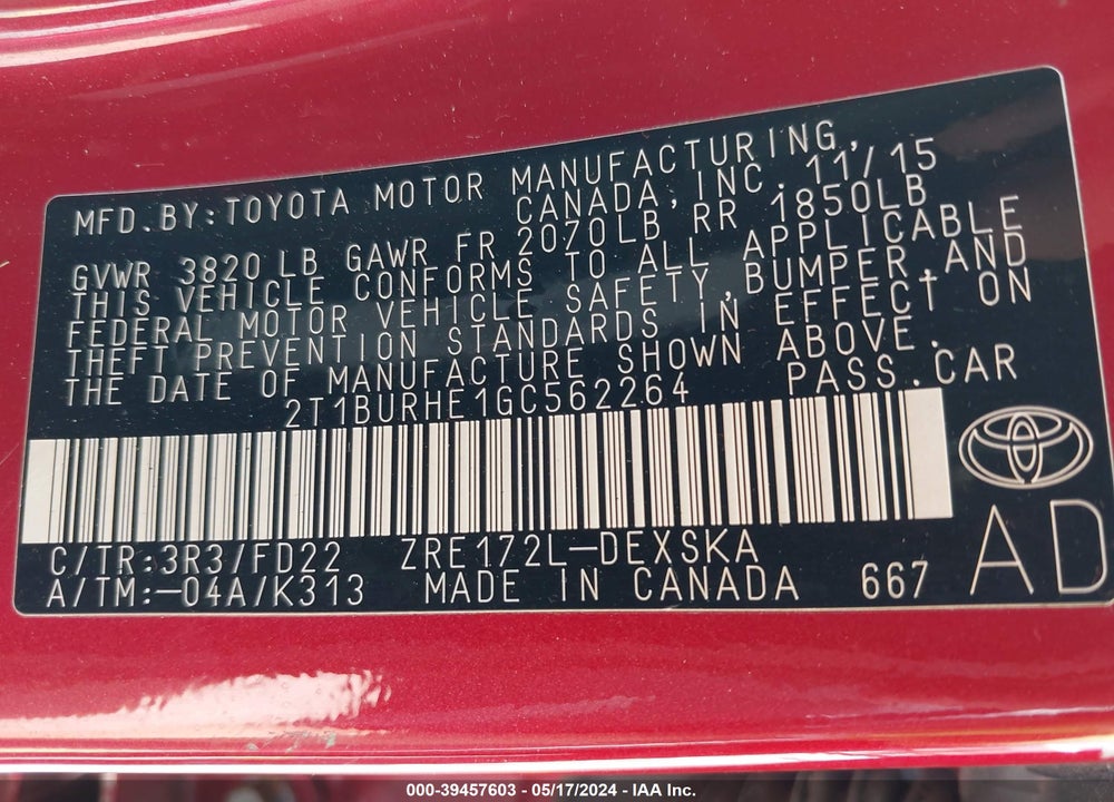 2016 TOYOTA COROLLA S VIN: 2T1BURHE1GC562264