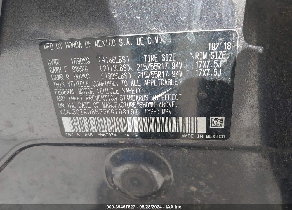 2019 HONDA HR-V LX VIN: 3CZRU6H33KG708197