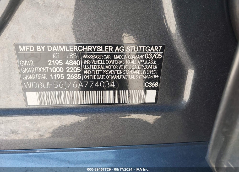 2006 MERCEDES-BENZ E 350 VIN: WDBUF56J76A774034