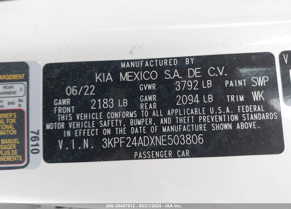 2022 KIA FORTE LXS VIN: 3KPF24ADXNE503806