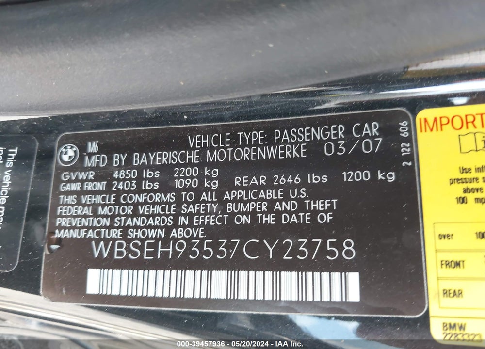 2007 BMW M6 VIN: WBSEH93537CY23758
