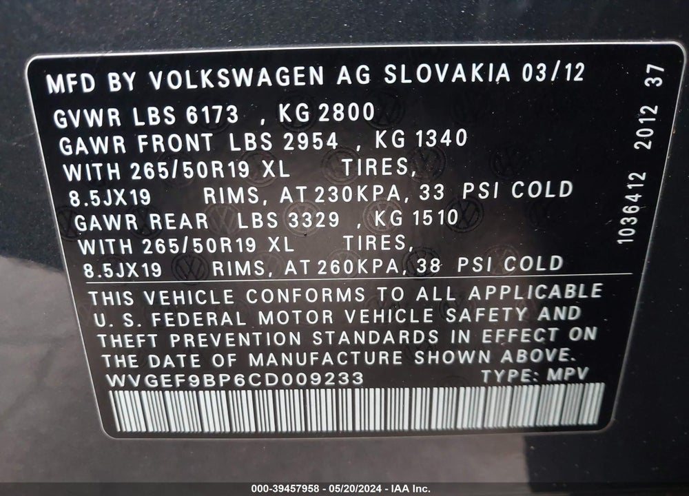 2012 VOLKSWAGEN TOUAREG VR6 LUX VIN: WVGEF9BP6CD009233