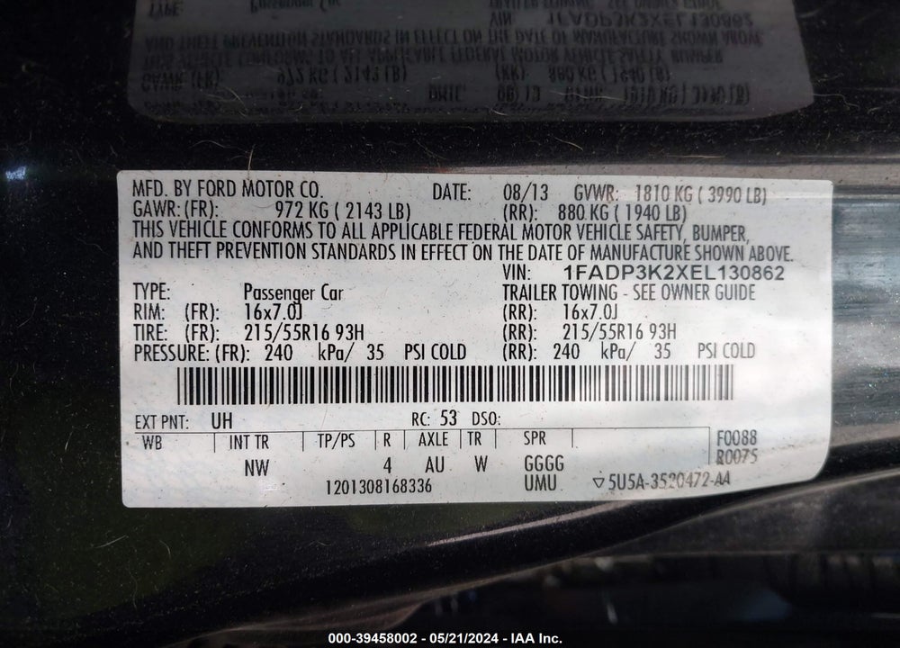 2014 FORD FOCUS SE VIN: 1FADP3K2XEL130862