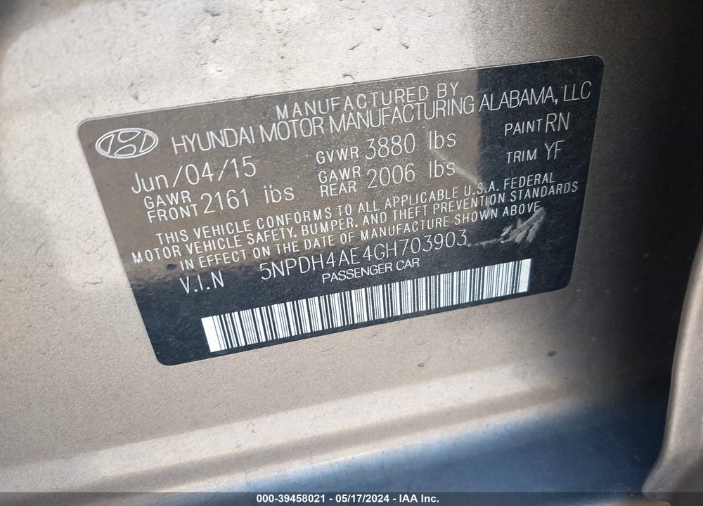 2016 HYUNDAI ELANTRA SE VIN: 5NPDH4AE4GH703903