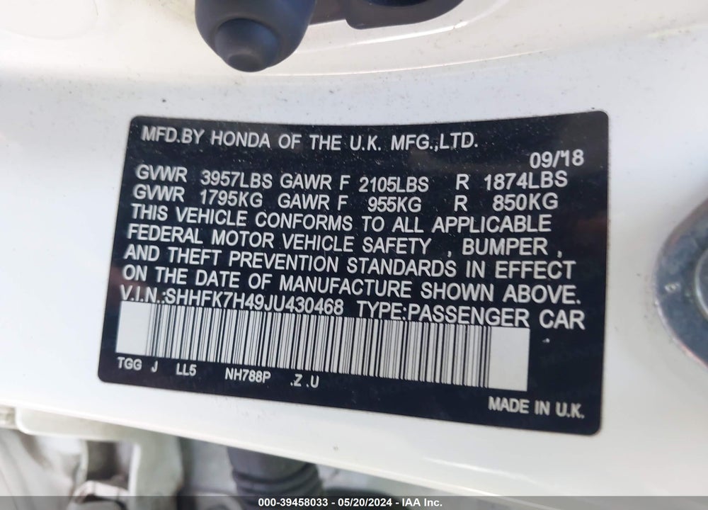 2018 HONDA CIVIC SPORT VIN: SHHFK7H49JU430468