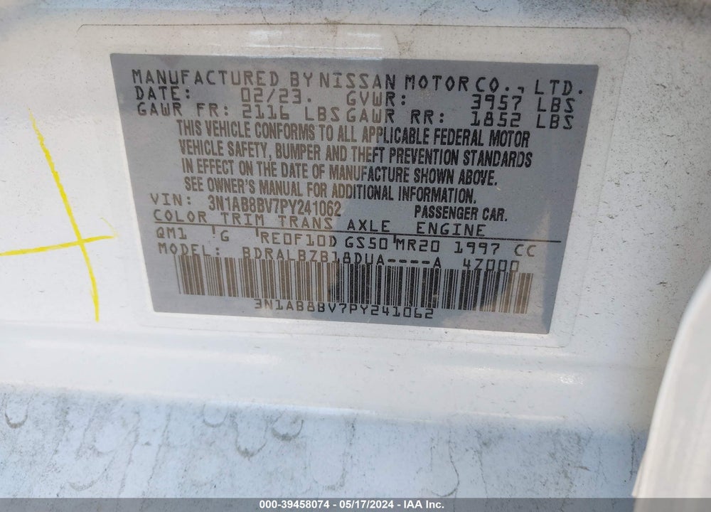 2023 NISSAN SENTRA S XTRONIC CVT VIN: 3N1AB8BV7PY241062