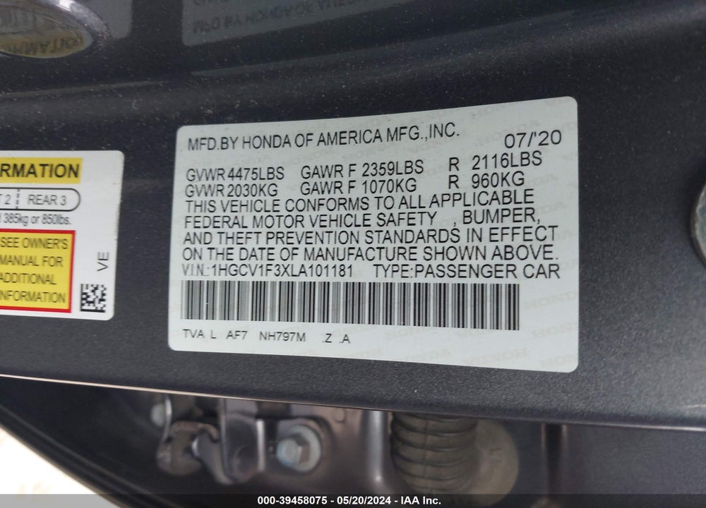 2020 HONDA ACCORD SPORT VIN: 1HGCV1F3XLA101181