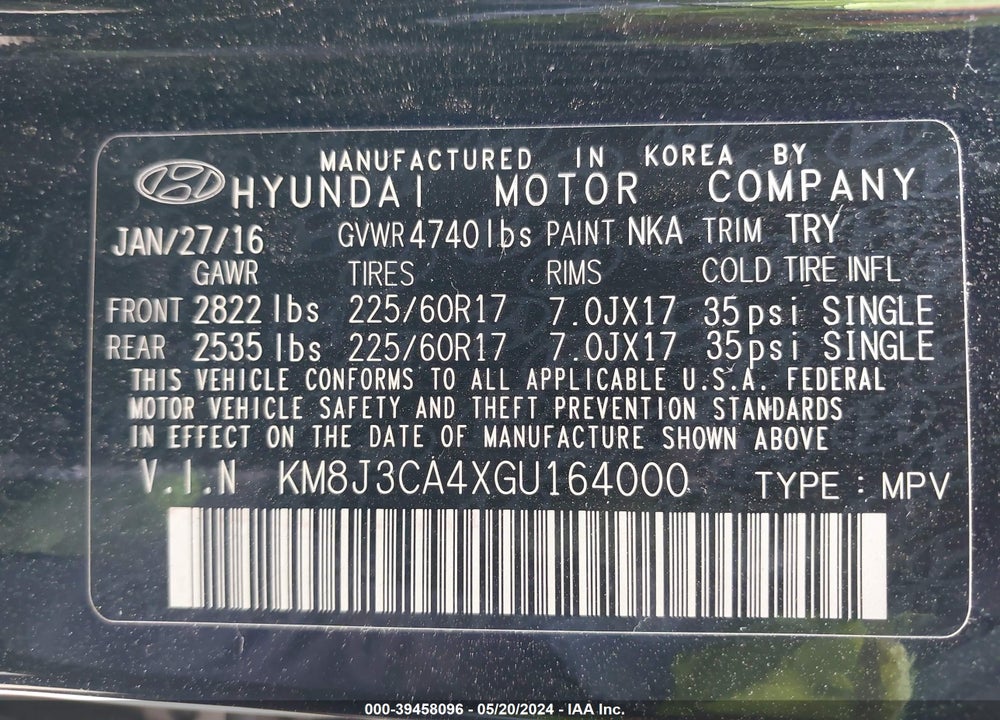 2016 HYUNDAI TUCSON SE VIN: KM8J3CA4XGU164000