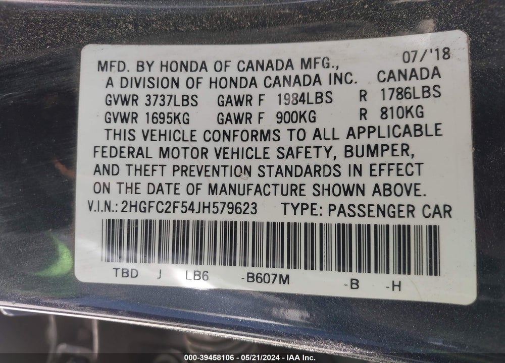2018 HONDA CIVIC LX VIN: 2HGFC2F54JH579623