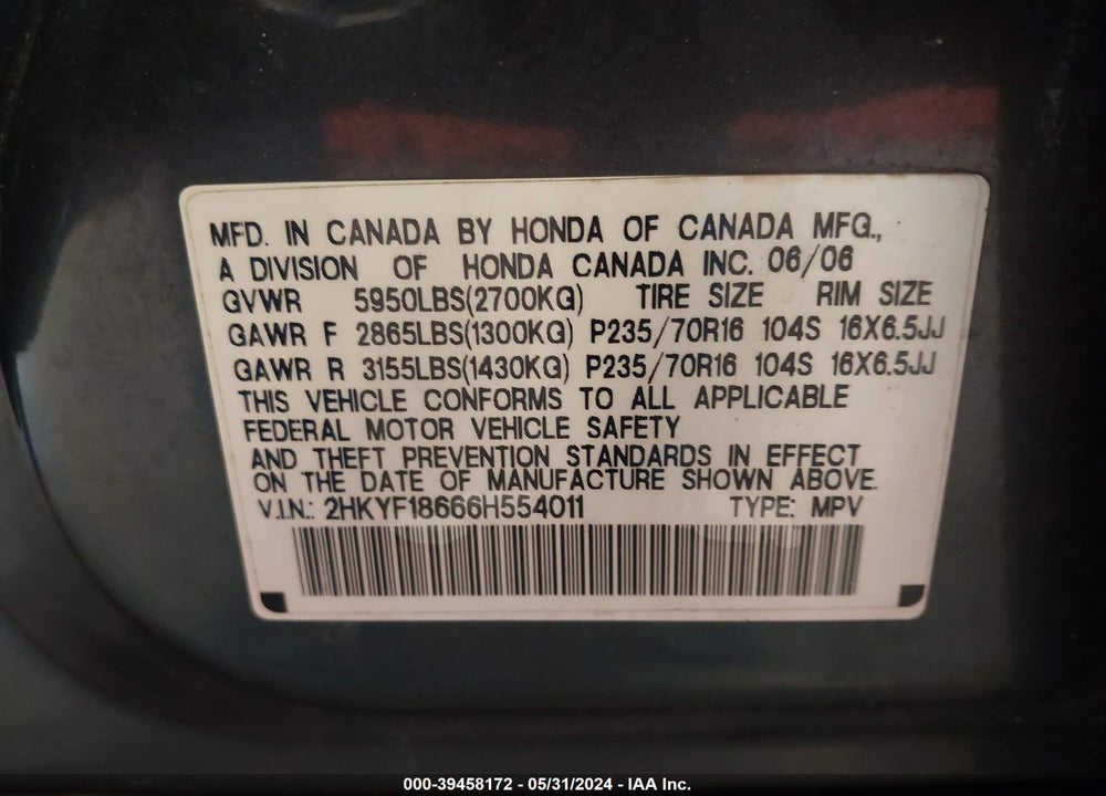 2006 HONDA PILOT EX-L VIN: 2HKYF18666H554011