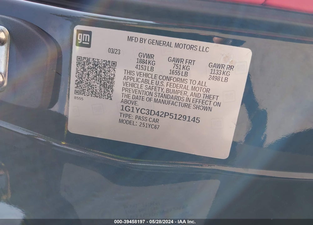 2023 CHEVROLET CORVETTE STINGRAY RWD 3LT VIN: 1G1YC3D42P5129145