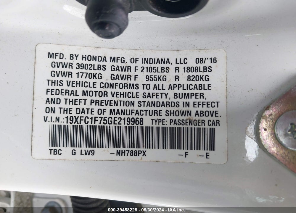 2016 HONDA CIVIC EX-L VIN: 19XFC1F75GE219968